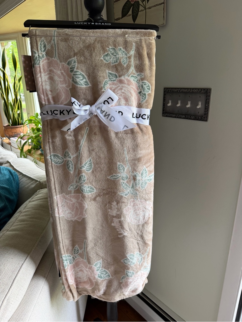 Lucky Brand Plush Throw Blanket - Pink, Green & Cream Floral